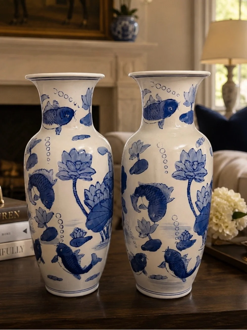 Pair Blue White Japanese Koi Fish Lotus Ceramic Vases 12” Chinoiserie Decor